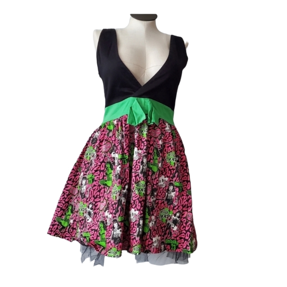 Too Fast Black and Pink Dress with Green Accents